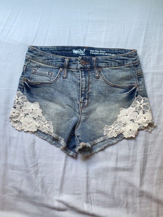 Wax denim Pants - Denim High-Rise Lace Trim Women’s Shorts - Light Blue